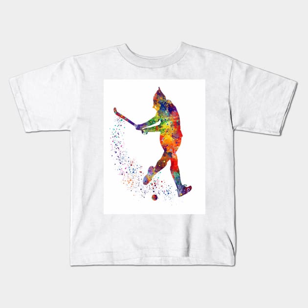 Girl Field Hockey Player Watercolor Sport Kids T-Shirt by LotusGifts